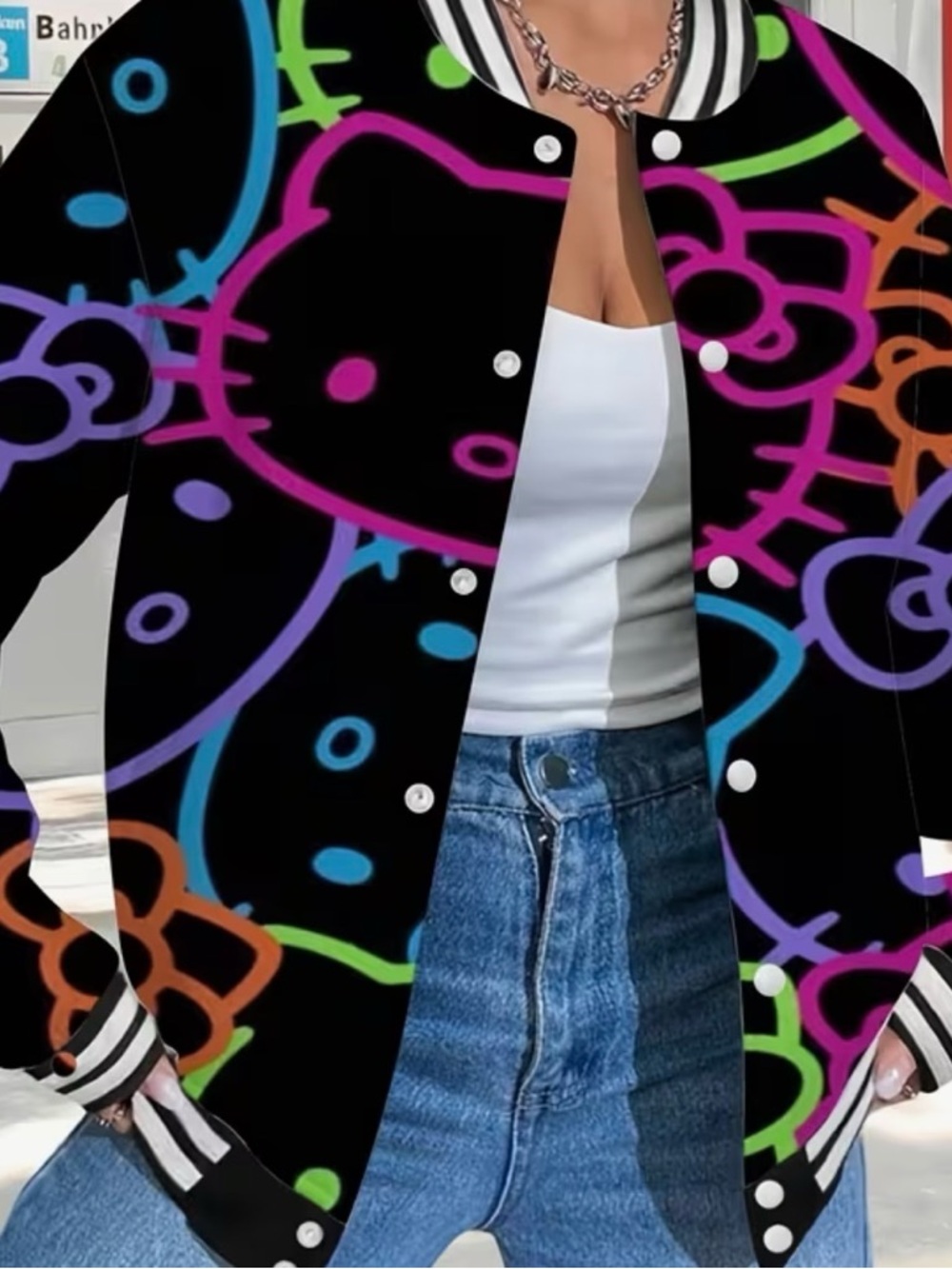 Black Multicolor Graphic Bomber Jacket